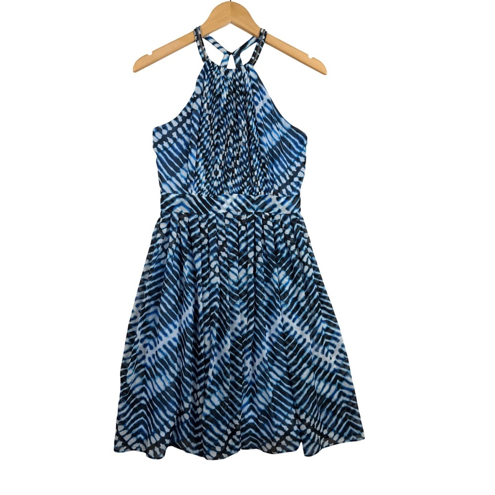 Calvin Klein Chevron Pleated Halter Neck Dress size 2 Blue/Black
